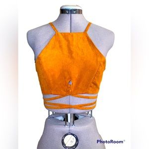 Two Womens Cross Over Torso Tie Suede-Like Crop Tops (2 Colors) Brown and Black